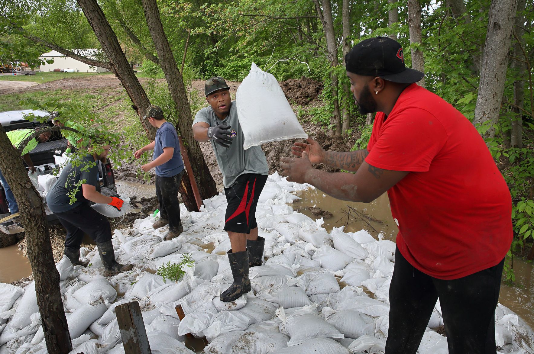 Sandbagging leaking levee in O'Fallon